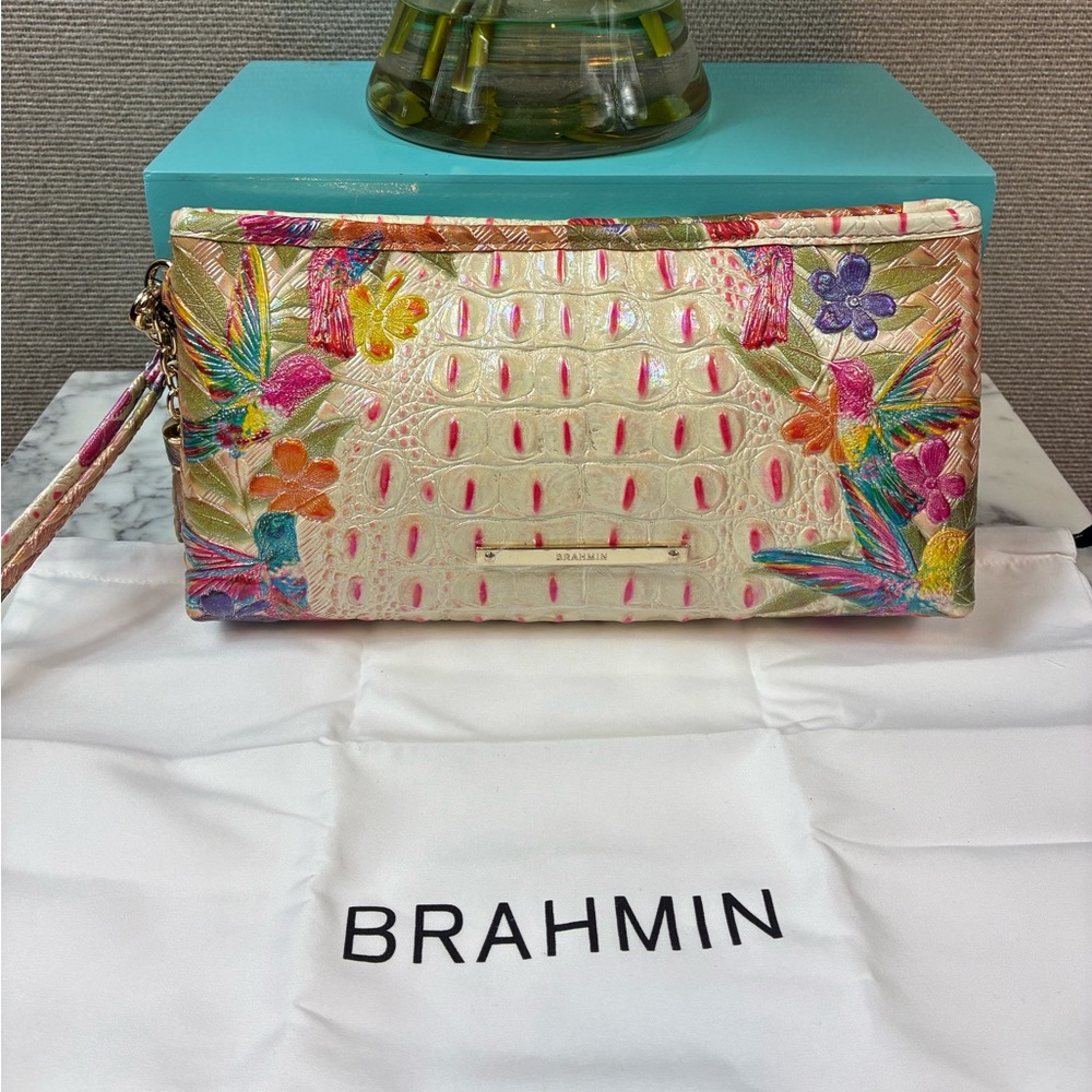 Brahmin Iridescent Multicolor Hummingbird Desert Bloom Kayla Wristlet Clutch